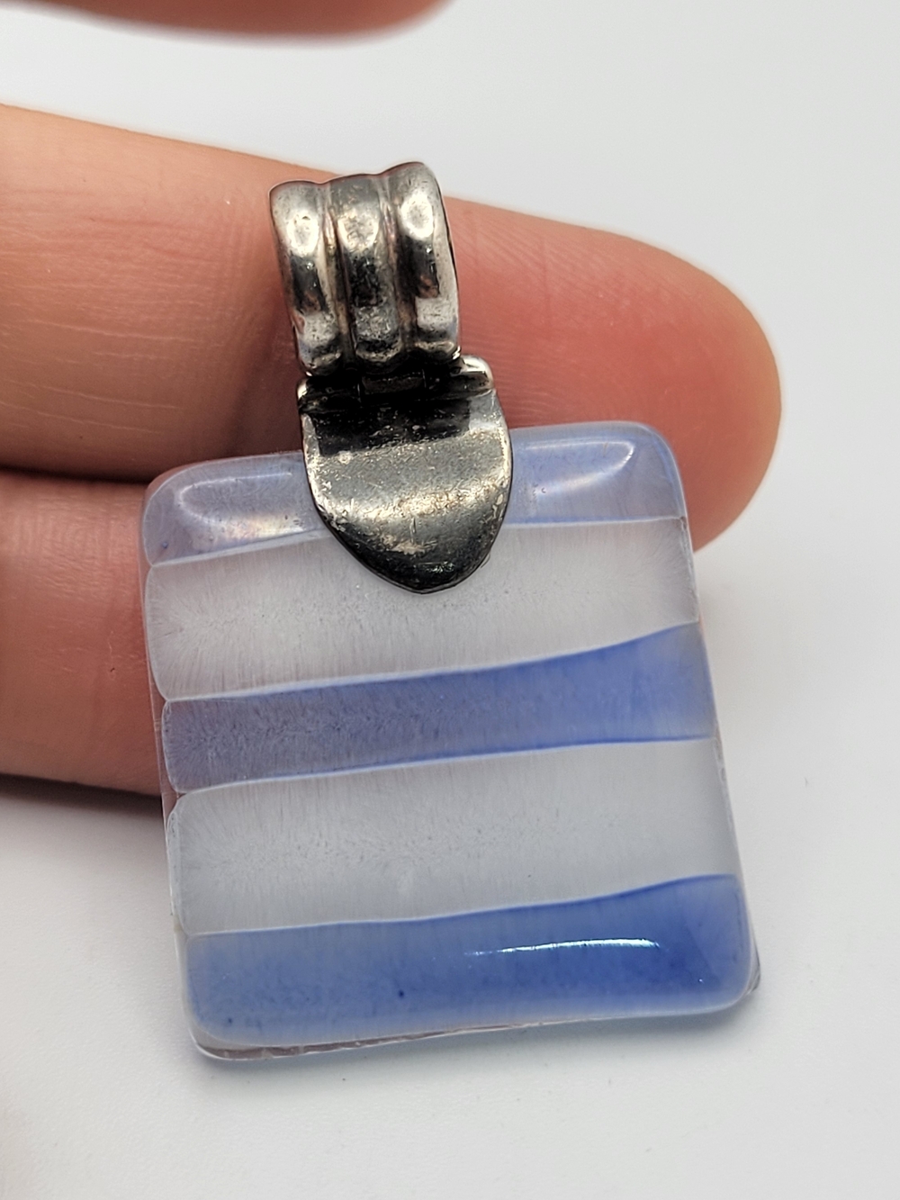 Blue and White Striped Glass Pendant Necklace Silver Stamped 970